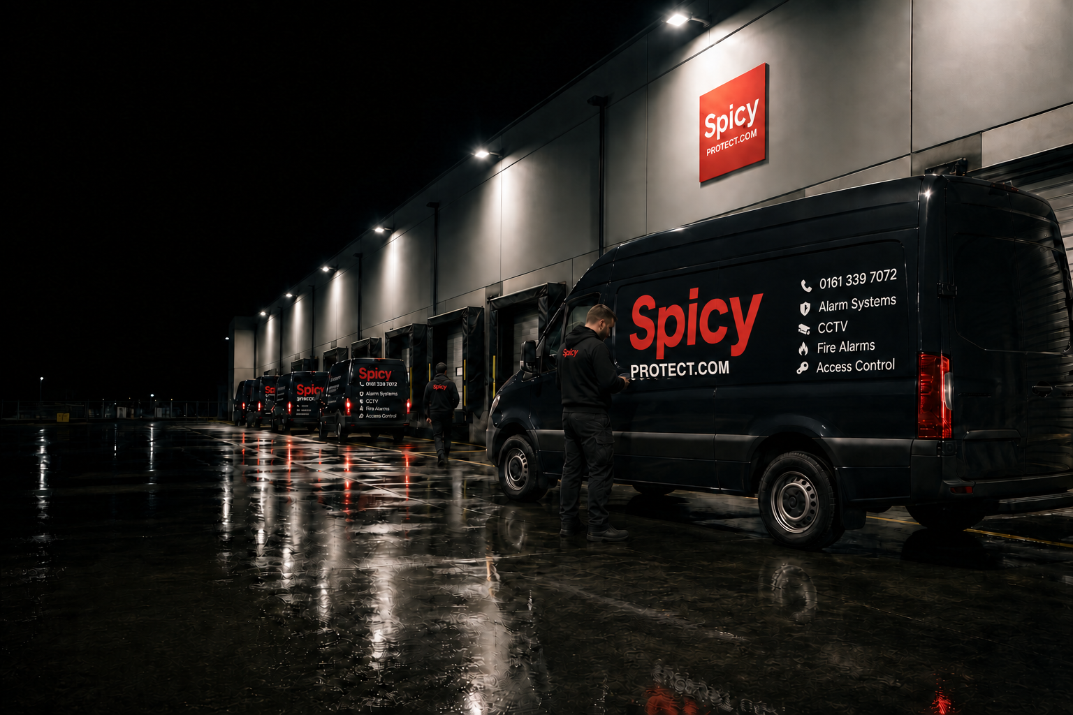 Spicy Protect branded vans parked in a row at night, signwritten with the phone number 0161 339 7072 and alarm, CCTV, fire alarm and access control services
